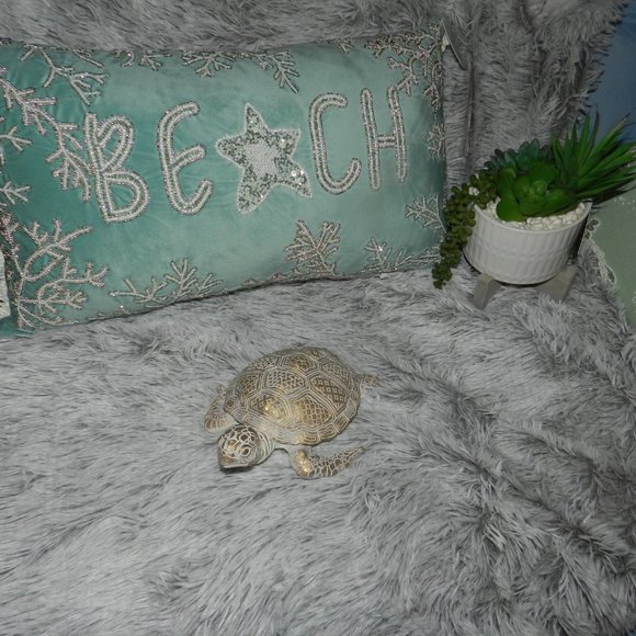 Admaira Home Beaded "Beach" Decorative Throw Statement Suede Pillow Aqua NWT - Picture 2 of 15